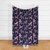 Large jumbo scale // Origami and geometric metallic poodle friends // oxford navy blue background metal peony pink paper dog breeds