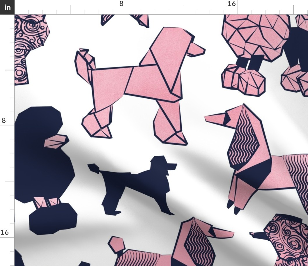 Large jumbo scale // Origami and geometric metallic poodle friends // white background oxford navy blue and metal peony pink paper dog breeds