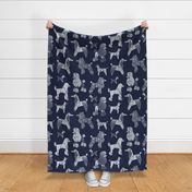 Large jumbo scale // Origami and geometric metallic poodle friends // oxford navy blue background metal silver paper dog breeds