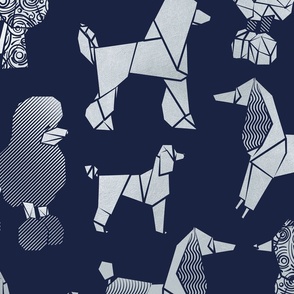 Large jumbo scale // Origami and geometric metallic poodle friends // oxford navy blue background metal silver paper dog breeds