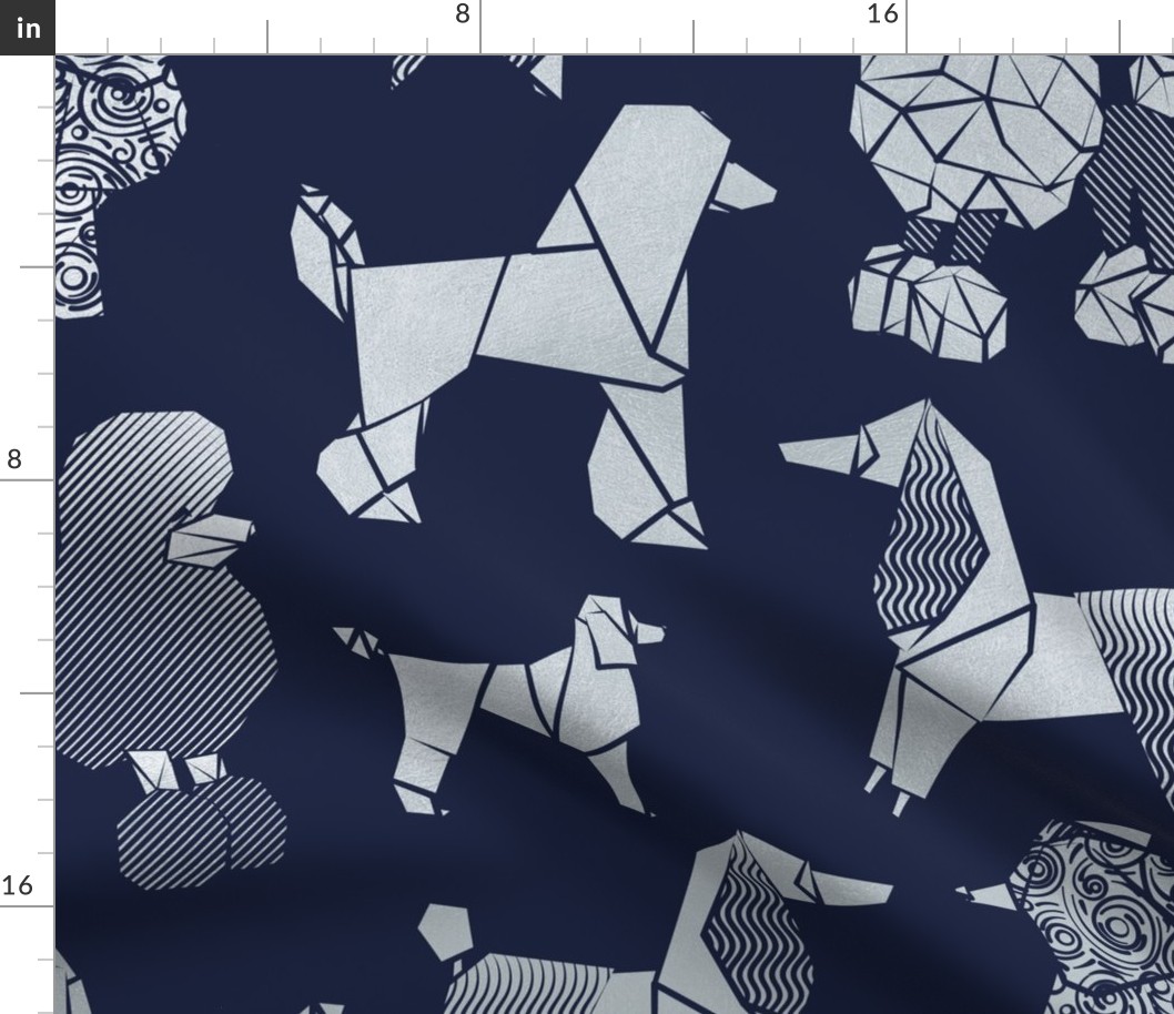 Large jumbo scale // Origami and geometric metallic poodle friends // oxford navy blue background metal silver paper dog breeds