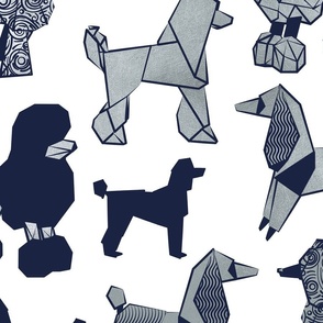 Large jumbo scale // Origami and geometric metallic poodle friends // white background oxford navy blue and metal silver paper dog breeds