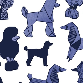 Large jumbo scale // Origami and geometric metallic poodle friends // white background oxford navy blue and metal Pantone color of the year very peri paper dog breeds
