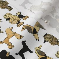 Tiny scale // Origami and geometric metallic poodle friends // white background black and metal gold paper dog breeds