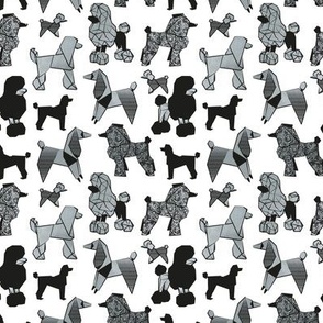 Tiny scale // Origami and geometric metallic poodle friends // white background black and metal silver paper dog breeds