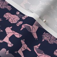 Tiny scale // Origami and geometric metallic poodle friends // oxford navy blue background metal peony pink paper dog breeds