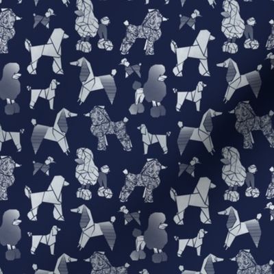 Tiny scale // Origami and geometric metallic poodle friends // oxford navy blue background metal silver paper dog breeds