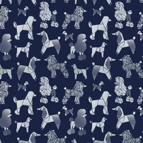Tiny scale // Origami and geometric metallic poodle friends // oxford navy blue background metal silver paper dog breeds