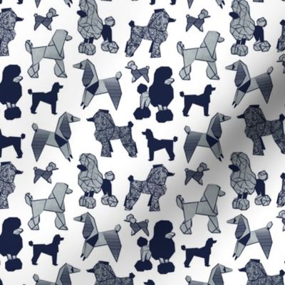 Tiny scale // Origami and geometric metallic poodle friends // white background oxford navy blue and metal silver paper dog breeds