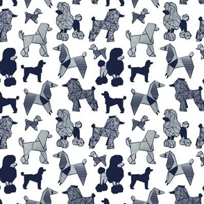 Tiny scale // Origami and geometric metallic poodle friends // white background oxford navy blue and metal silver paper dog breeds
