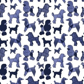 Tiny scale // Origami and geometric metallic poodle friends // white background oxford navy blue and metal Pantone color of the year very peri paper dog breeds