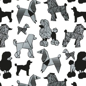 Small scale // Origami and geometric metallic poodle friends // white background black and metal silver paper dog breeds