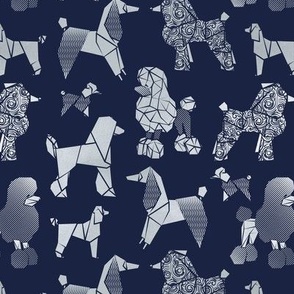 Small scale // Origami and geometric metallic poodle friends // oxford navy blue background metal silver paper dog breeds