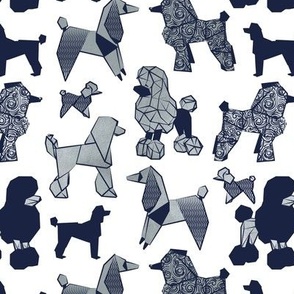 Small scale // Origami and geometric metallic poodle friends // white background oxford navy blue and metal silver paper dog breeds