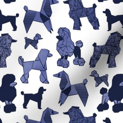 Small scale // Origami and geometric metallic poodle friends // white background oxford navy blue and metal Pantone color of the year very peri paper dog breeds