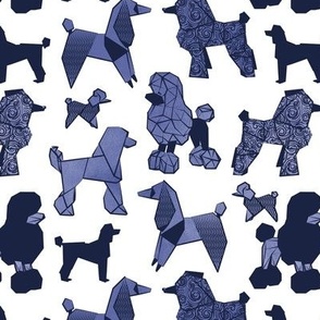 Small scale // Origami and geometric metallic poodle friends // white background oxford navy blue and metal Pantone color of the year very peri paper dog breeds