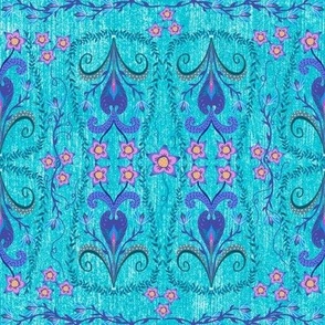 Floral damask on turquoise faux linen
