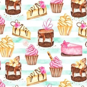 Cake for Everyone on Mint Stripe // Sweet Shoppe collection, 12" repeat