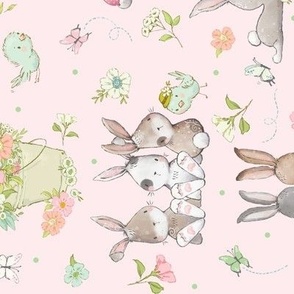 12" Some Bunny Loves You (shell pink) Cute Bunnies, Butterflies and Flowers, 12 inch repeat rotated