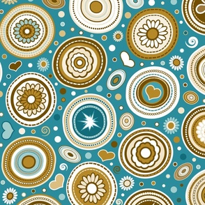 Mid Century Modern (MCM) Funky Circles // Retro Geometric // Flowers, Hearts, Dots, Swirls, Ovals // Caribbean Blue,  Ocean Blue, Turquoise, Caramel Brown, Chocolate Brown, Khaki, Tan, Cream, White // V2 // Medium Scale - 428 DPI