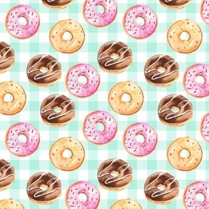 Yummy Donuts (mint gingham check) Frosted Chocolate, Vanilla, Strawberry Donuts // Sweet Shoppe collection, 9" repeat