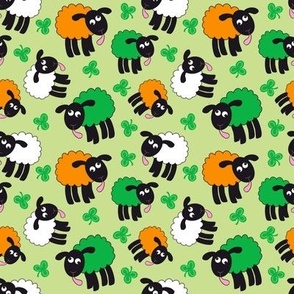 Wonky Irish sheep and shamrocks on green