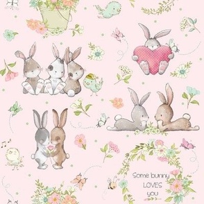 8" Some Bunny Loves You (shell pink) Cute Bunnies, Butterflies and Flowers, 8 inch repeat