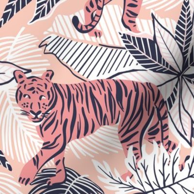 Tigers in jungle leaves - peach  