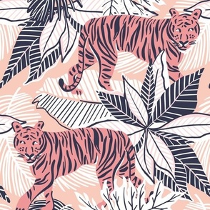 Tigers in jungle leaves - peach  