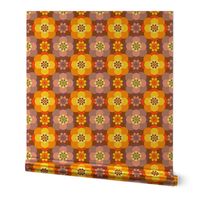 Seventies Retro Big orange purple Flower Brown