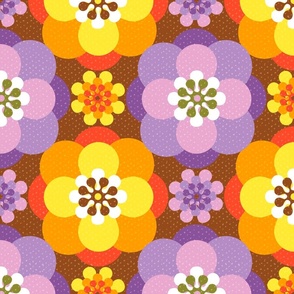 Seventies Retro Big orange purple Flower Brown