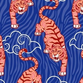 Pink Tiger with Asian Clouds on Blue