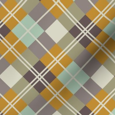 Diagonal Plaid-SeaGlass, Mustard, Aubergine, Ivory-L