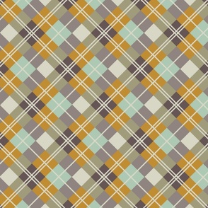 Diagonal Plaid-SeaGlass, Mustard, Aubergine, Ivory-L