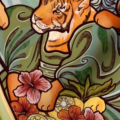 Tigers Eating Yuzu Hibiscus and Moringa Salad Art Nouveau Tiger