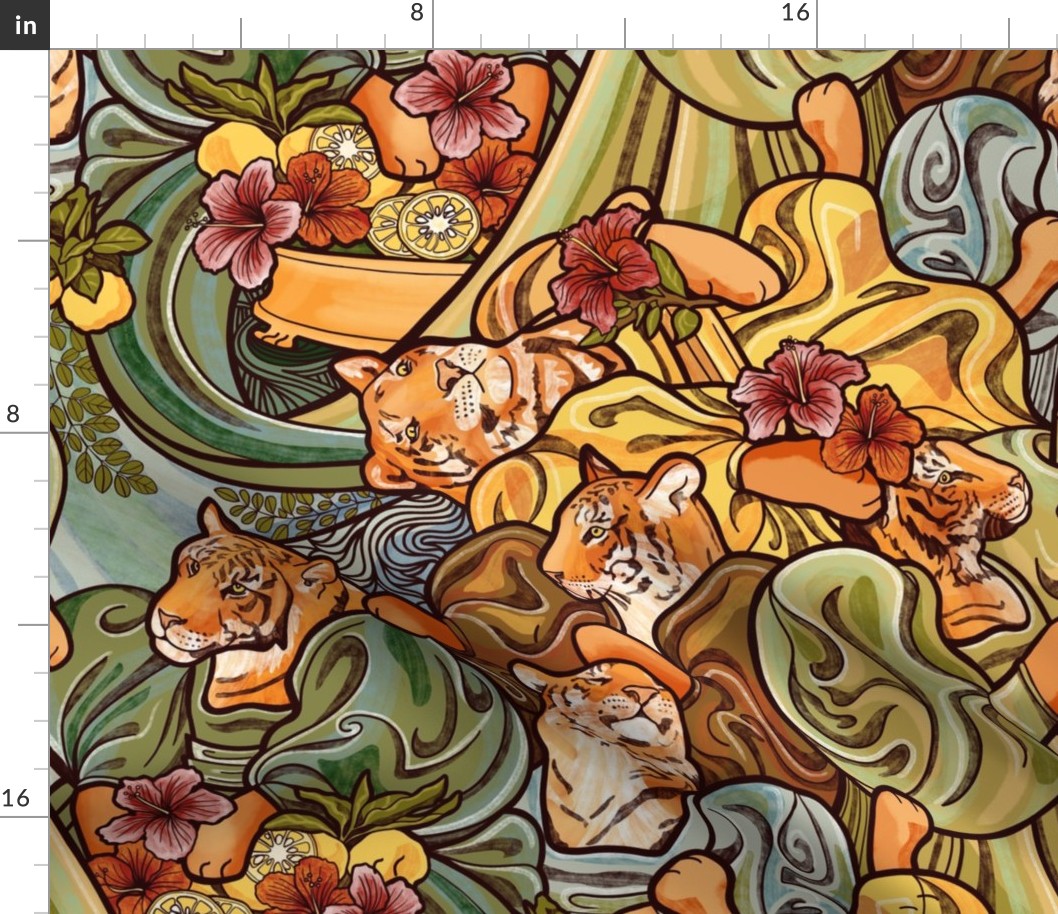 Tigers Eating Yuzu Hibiscus and Moringa Salad Art Nouveau Tiger