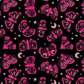 Magic Moths Dark Pink Mix on Black