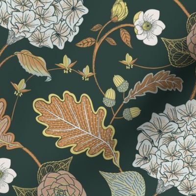 Acorn Hydrangea Florals / Autumnal / dark oranges, earthy browns, charcoal / 12"