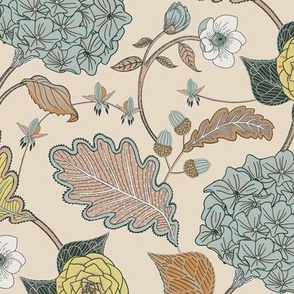 Acorn Hydrangea Florals / Autumnal / light yellow blue peachy tones
