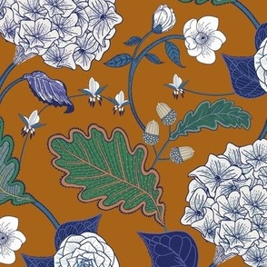 Acorn Hydrangea Florals / autumnal ochre, greens, blues / 12"