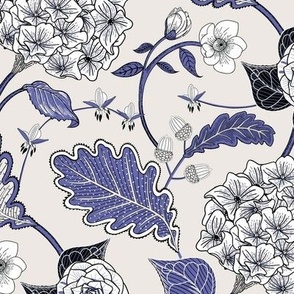 Oak, hydrangea & floral /  indigo, blues & ivory / 12"