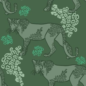 Snow Leopards, large scale - Green, Jade, Mint