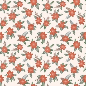 536 - Tropical Bloom in Coral,  Taupe and Sage Green floral bouquet in medium scale, for home decor, bed linen, and one of a kind apparel and colonial-era projects.