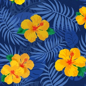 medium-Jungle Palm Fronds with hibiscus-blue  yellow