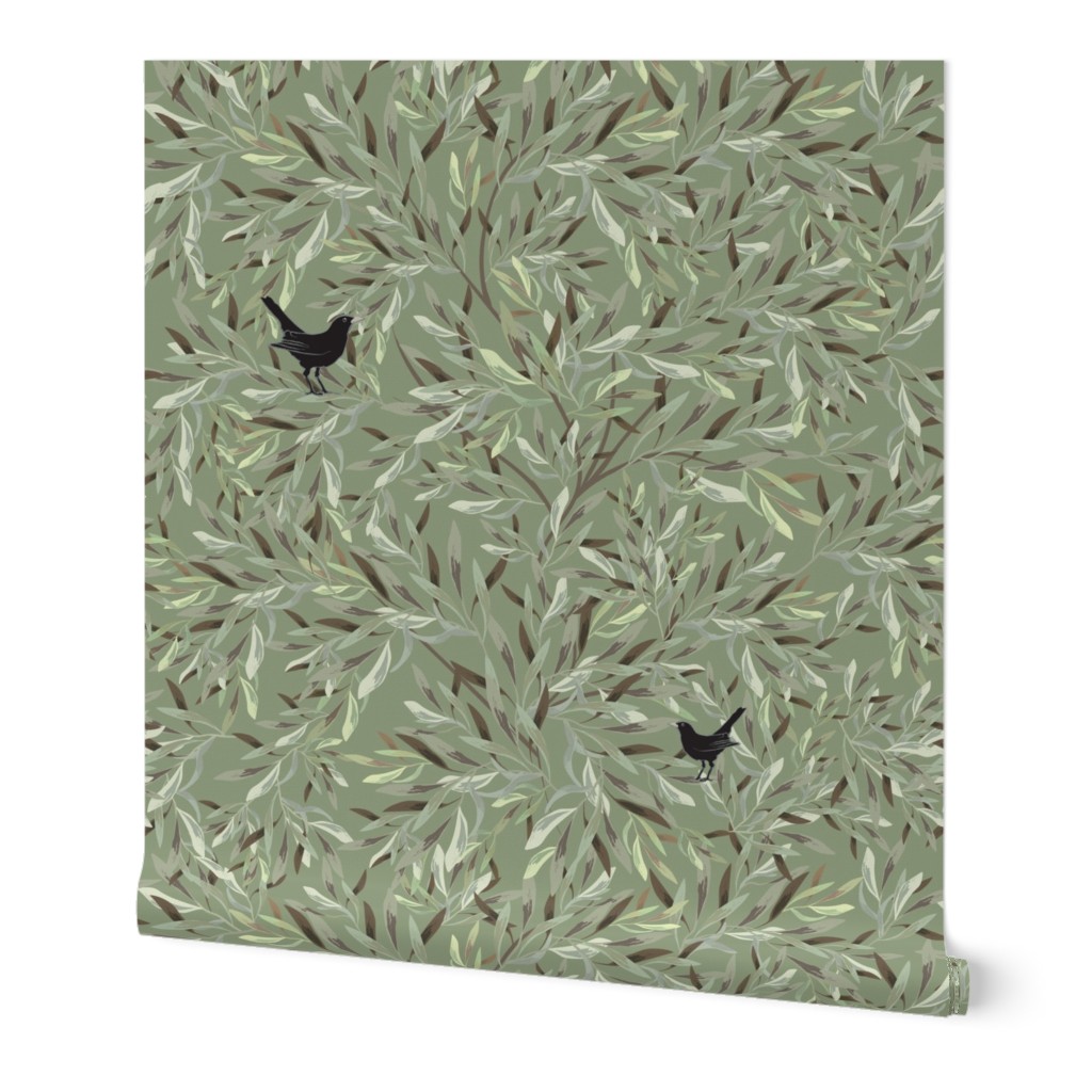 OLIVO - Olive branches with blackbirds - green