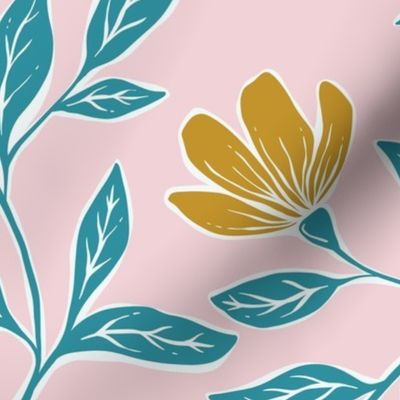 Happy Floral - large - petal signature coordinate joy - pink, teal, yellow - large