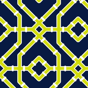 Preppy spring  bamboo trellis - midnight blue and chartreuse - chinoiserie - extra large