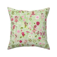 pink Fairy floral green linen