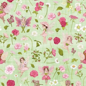 pink Fairy floral green linen