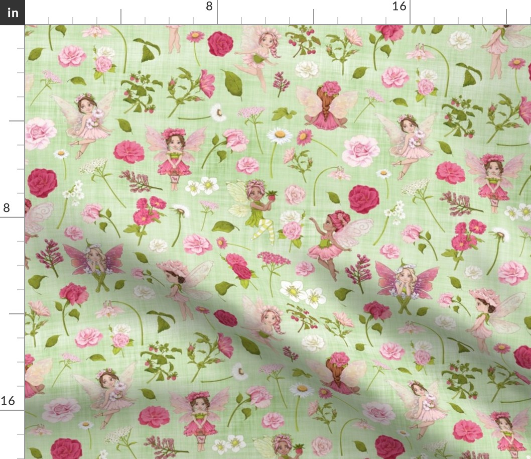 pink Fairy floral green linen